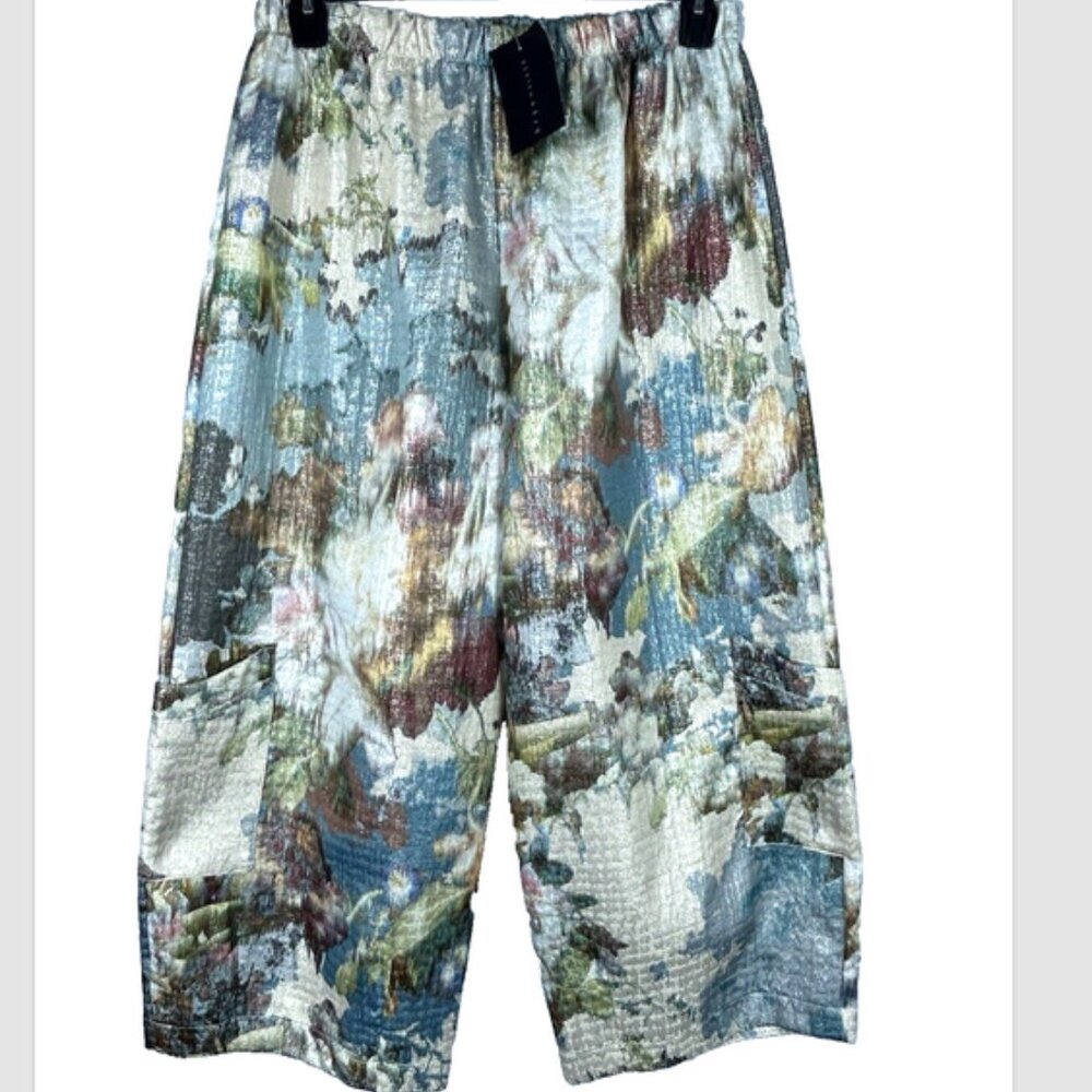 Bryn Walker Size Large Casbah Pants Pockets Blue Cream Print Crop Metallic NEW